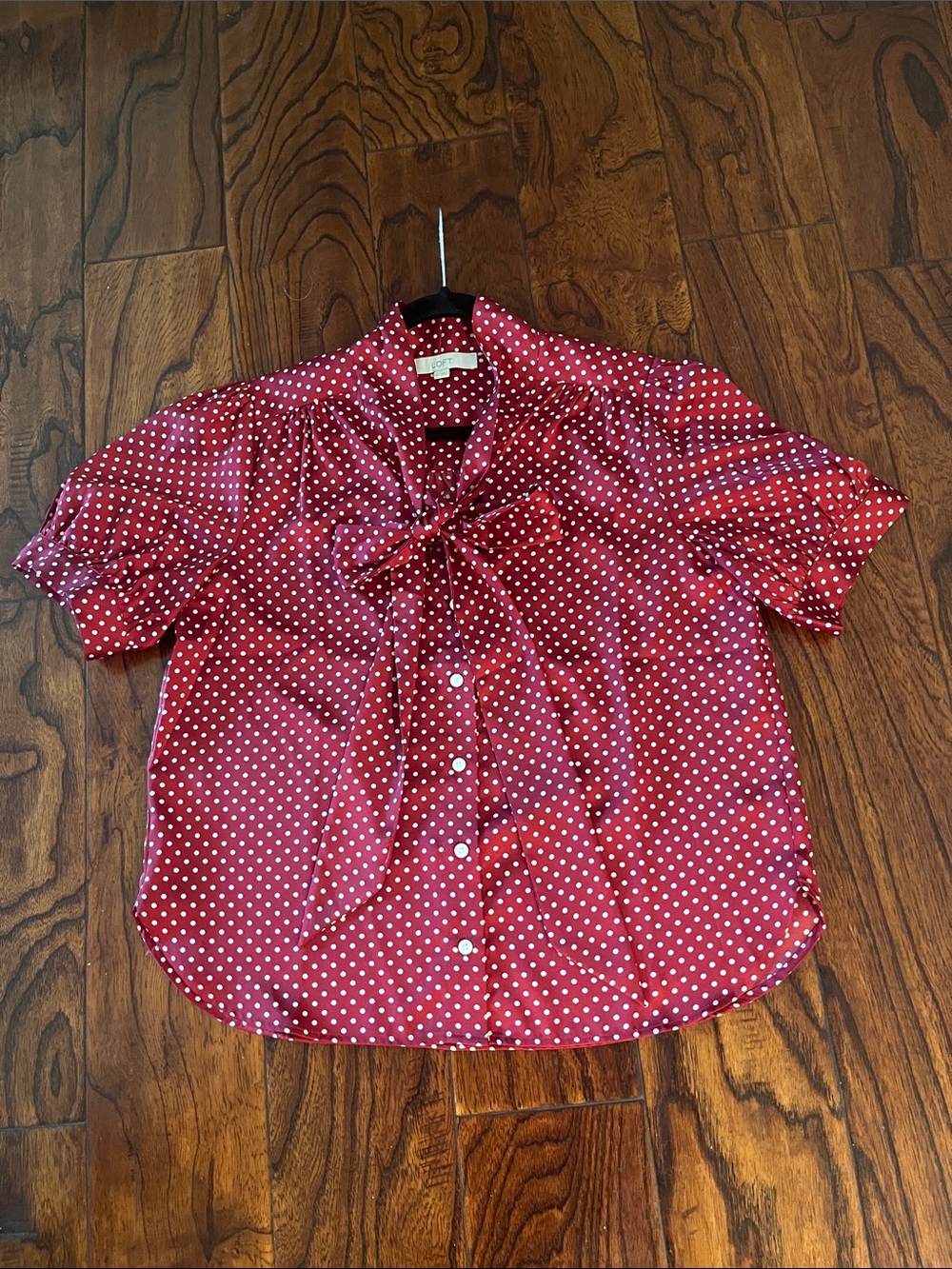 LOFT Burgundy Red Polka Dot Tie-Neck Blouse - Picture 3 of 4